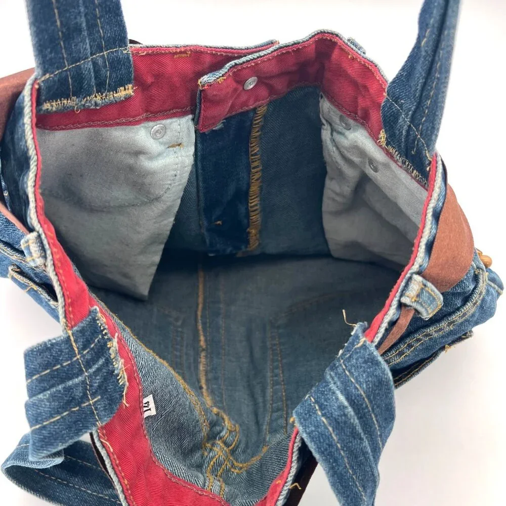 Upcycled Denim Handbag Purse Chic Beaded Pockets & Brown Ribbon FM Jeans Button - Picture 11 of 14